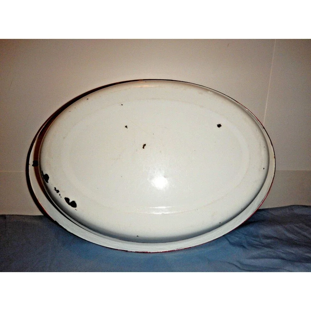 Vintage Enamelware 3 Pc Lot Chamber Pot Wash Basin Bowl White Red Trim Farmhouse